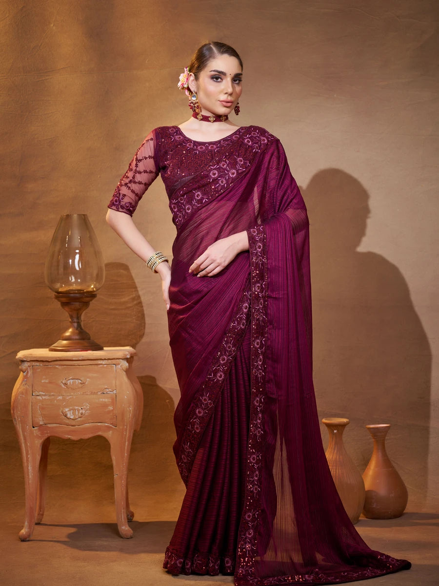 Wine Satin Jacquard Saree Designer Embroidery Work | Elegant Party Wear
