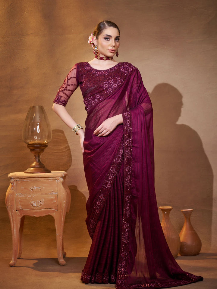 Wine Satin Jacquard Saree Designer Embroidery Work | Elegant Party Wear