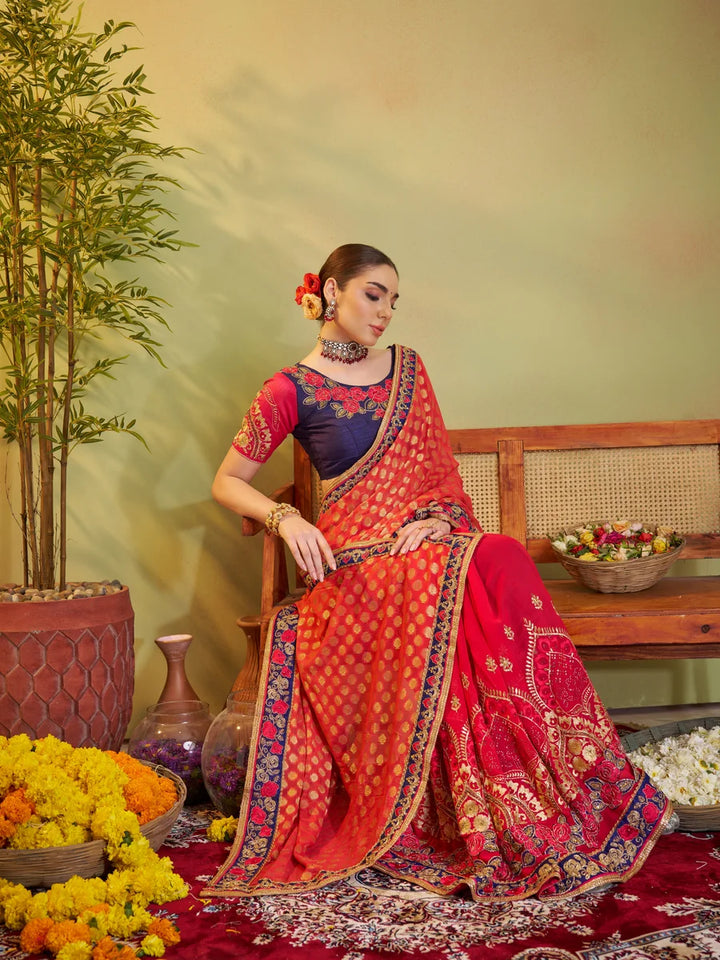 Designer Red & Blue Saree | Barfi Silk & Art Silk Embroidered Festive Saree