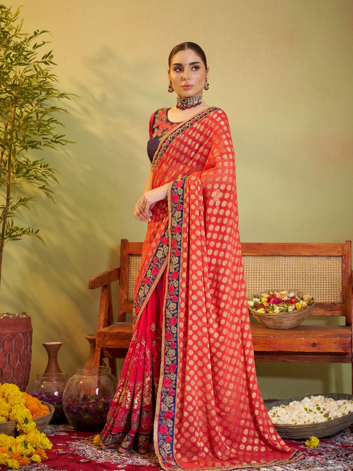 Designer Red & Blue Saree | Barfi Silk & Art Silk Embroidered Festive Saree