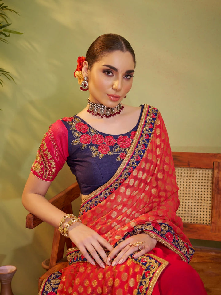 Designer Red & Blue Saree | Barfi Silk & Art Silk Embroidered Festive Saree