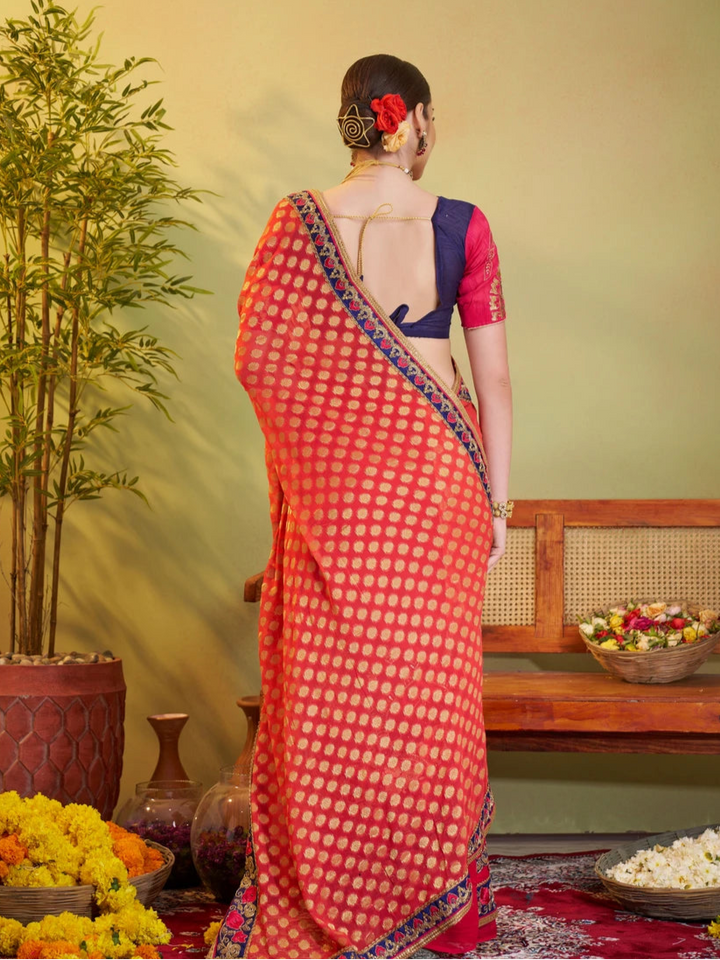 Designer Red & Blue Saree | Barfi Silk & Art Silk Embroidered Festive Saree