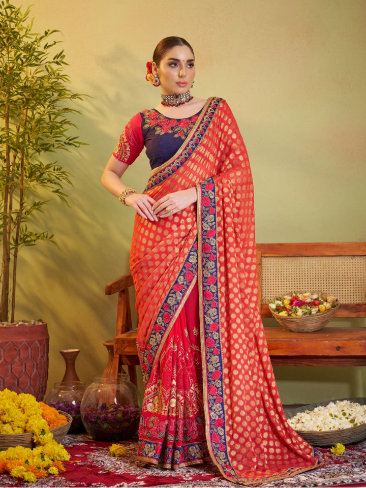Designer Red & Blue Saree | Barfi Silk & Art Silk Embroidered Festive Saree