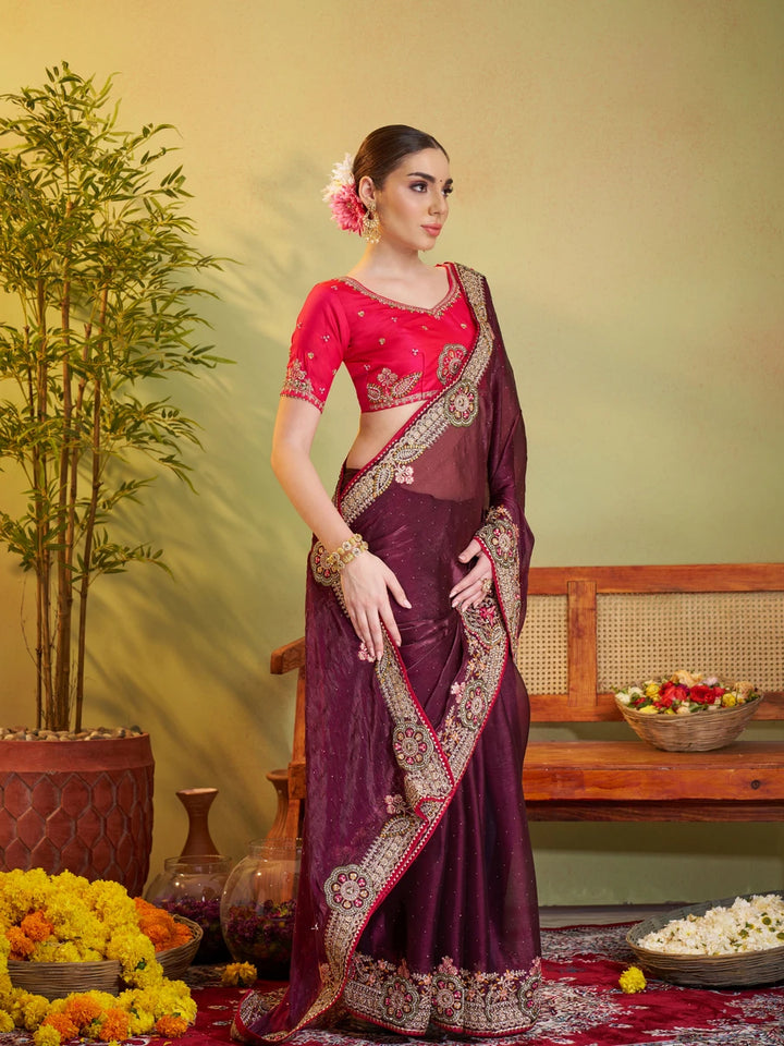Wine & Red Satin Saree Jimmy Choo Satin & Art Silk | Designer Embroidery Work