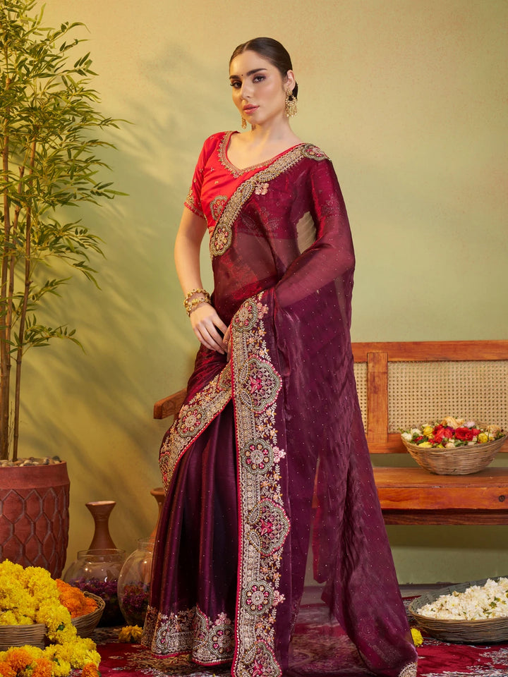 Wine & Red Satin Saree Jimmy Choo Satin & Art Silk | Designer Embroidery Work