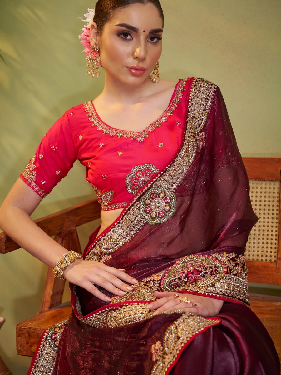Wine & Red Satin Saree Jimmy Choo Satin & Art Silk | Designer Embroidery Work