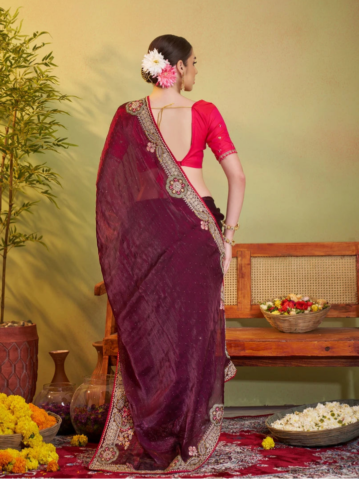 Wine & Red Satin Saree Jimmy Choo Satin & Art Silk | Designer Embroidery Work