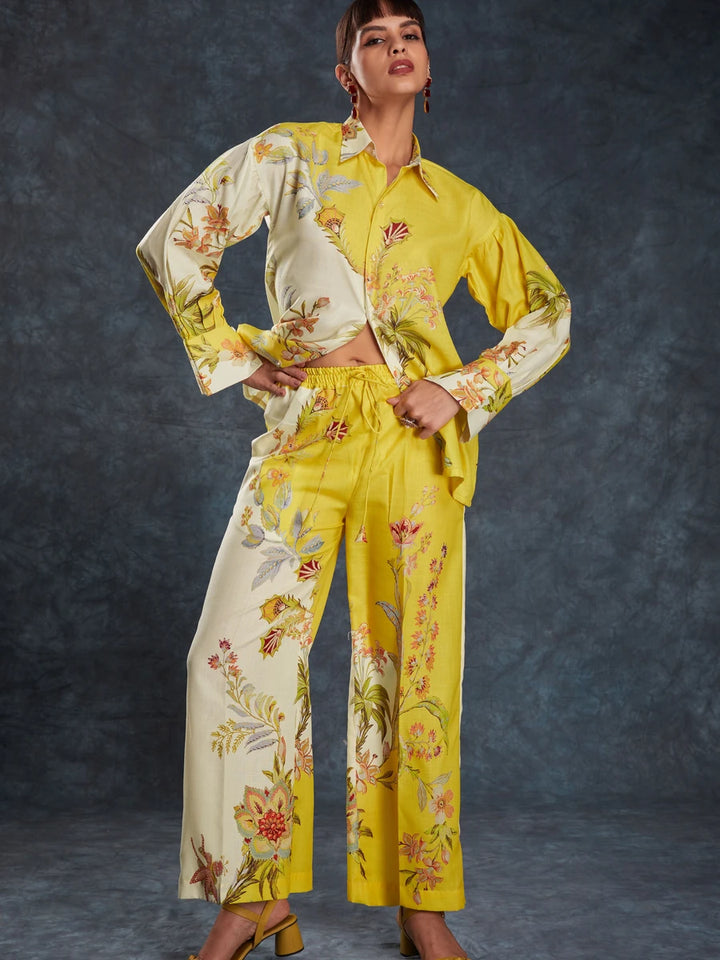 Yellow Linen Co-Ord Set | Designer Printed Stylish Western Wear for Women