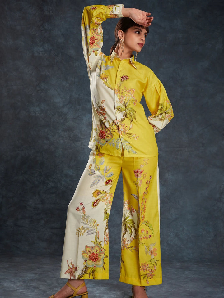 Yellow Linen Co-Ord Set | Designer Printed Stylish Western Wear for Women