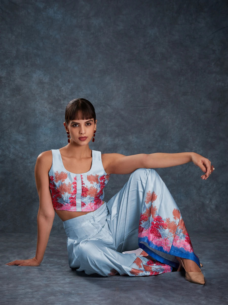 Elegant Sky Blue Co-Ord | Linen Satin Readymade Set with Stylish Look