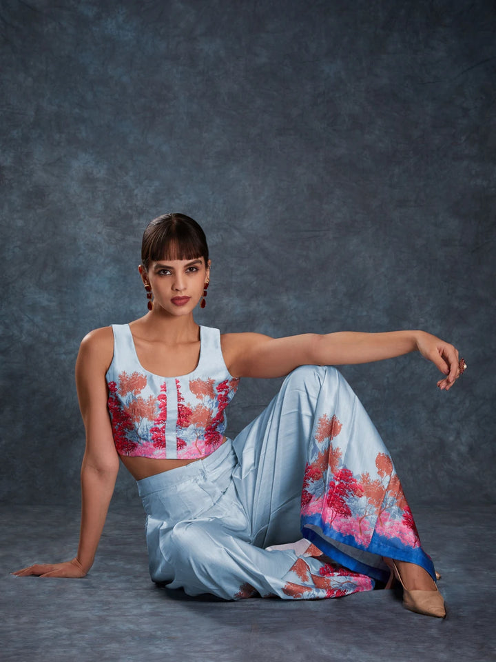Elegant Sky Blue Co-Ord | Linen Satin Readymade Set with Stylish Look