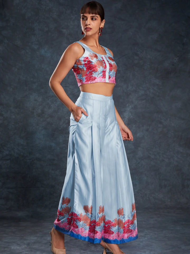 Elegant Sky Blue Co-Ord | Linen Satin Readymade Set with Stylish Look