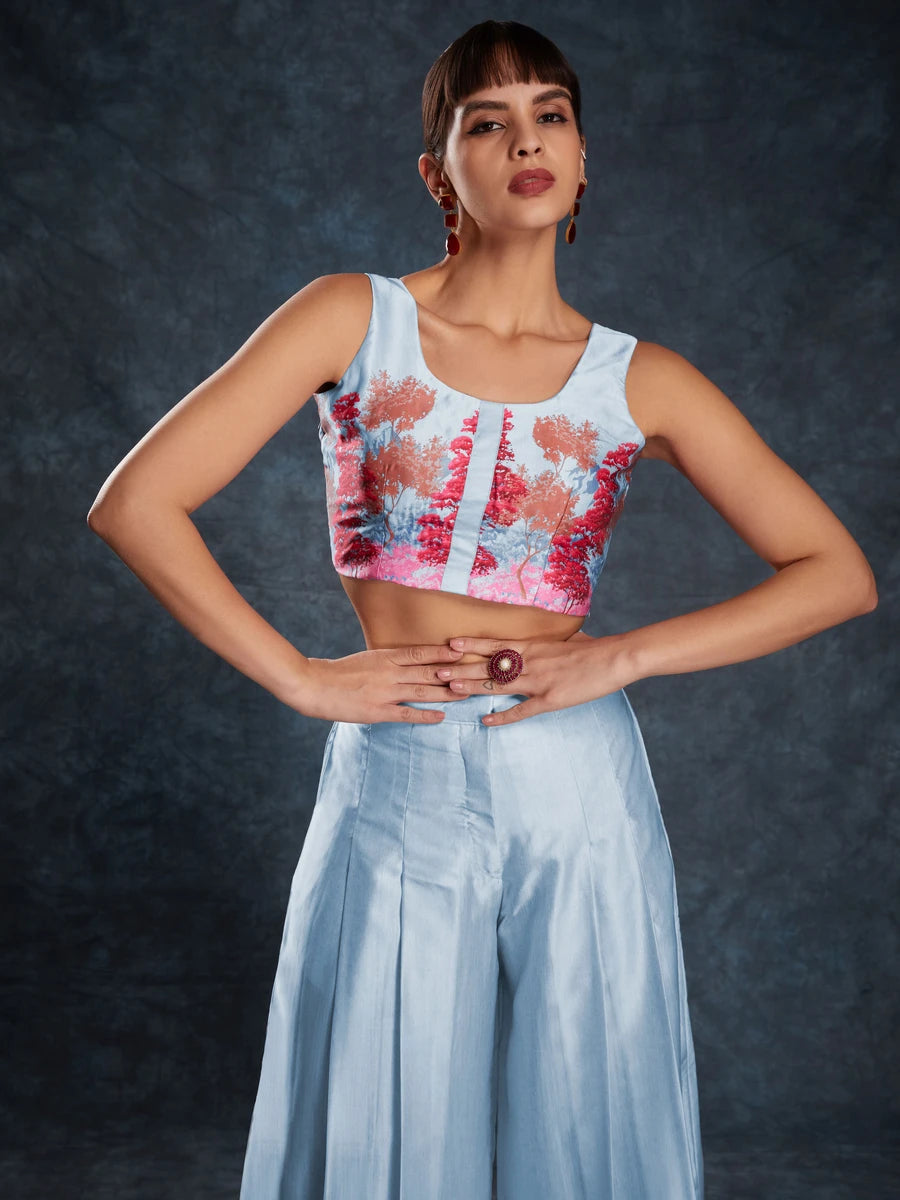 Elegant Sky Blue Co-Ord | Linen Satin Readymade Set with Stylish Look
