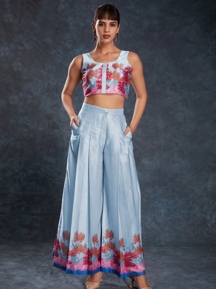 Elegant Sky Blue Co-Ord | Linen Satin Readymade Set with Stylish Look