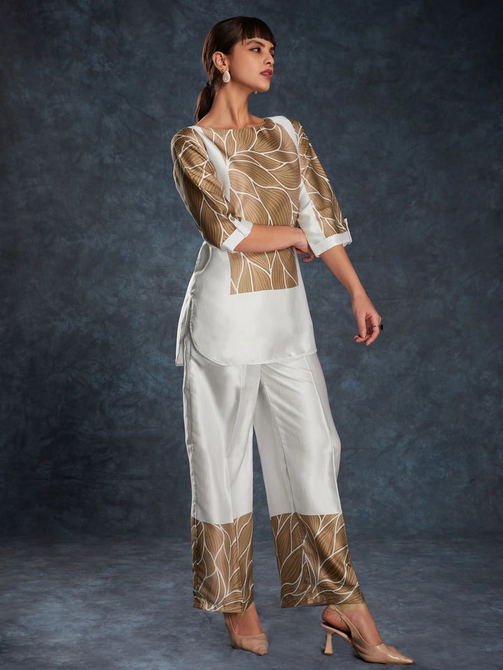 Off-White Linen Satin Co-Ord | Designer Printed Readymade Top & Bottom Set