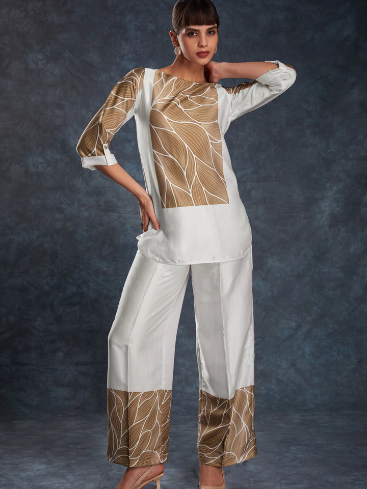 Off-White Linen Satin Co-Ord | Designer Printed Readymade Top & Bottom Set