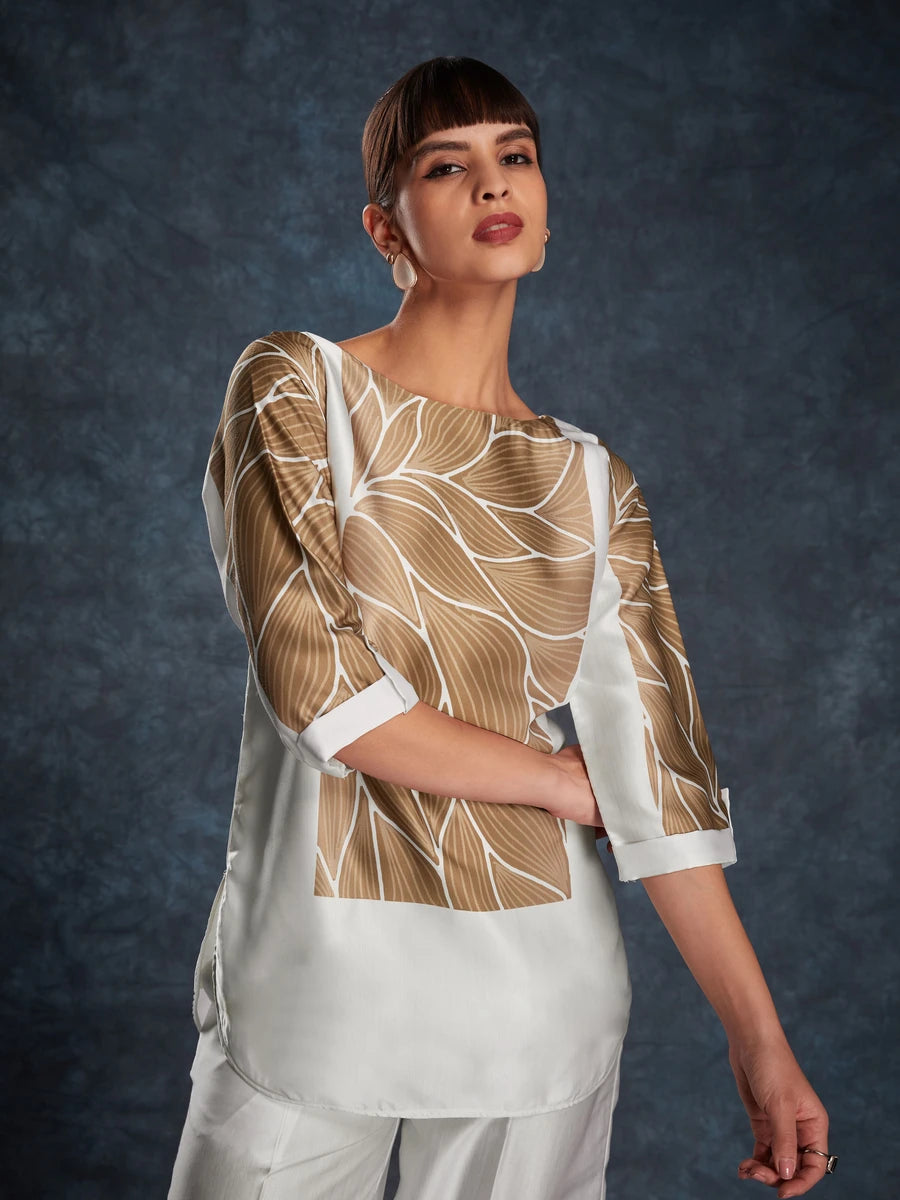 Off-White Linen Satin Co-Ord | Designer Printed Readymade Top & Bottom Set