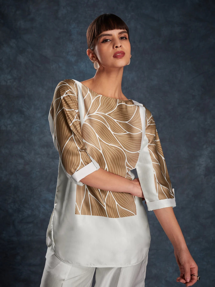 Off-White Linen Satin Co-Ord | Designer Printed Readymade Top & Bottom Set