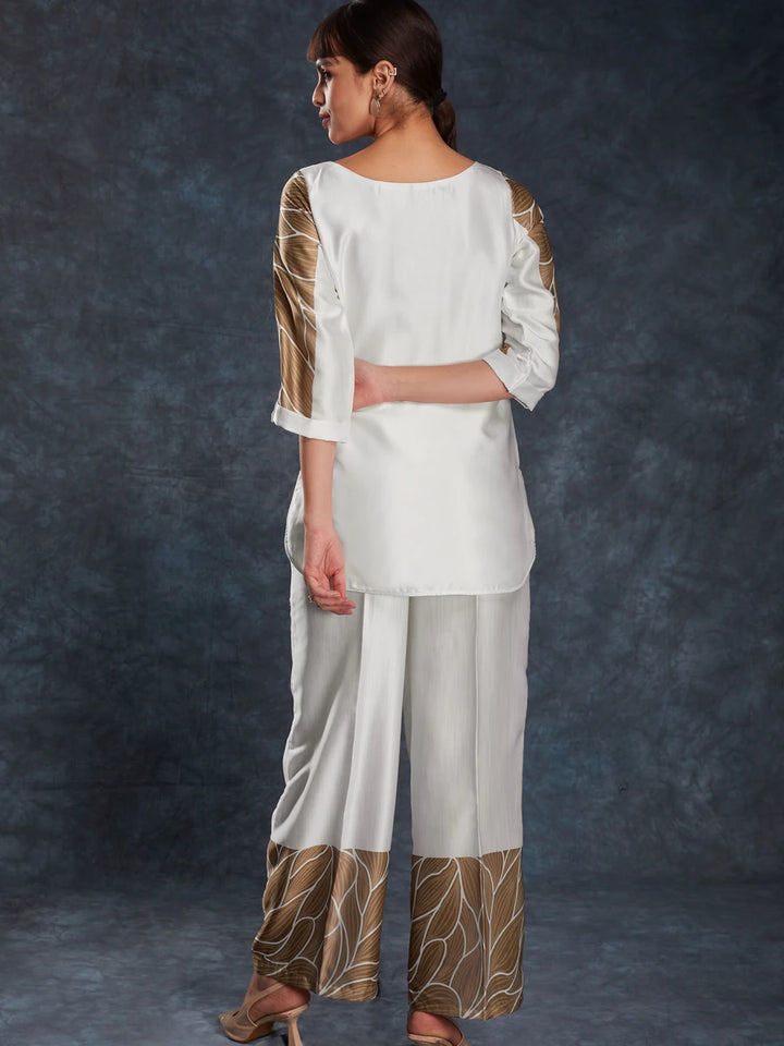 Off-White Linen Satin Co-Ord | Designer Printed Readymade Top & Bottom Set