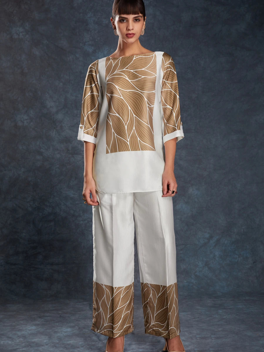 Off-White Linen Satin Co-Ord | Designer Printed Readymade Top & Bottom Set