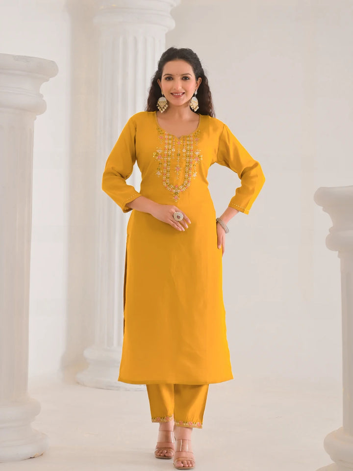 Mustard Designer Salwar Kameez | Viscose Chanderi Embroidery Suit