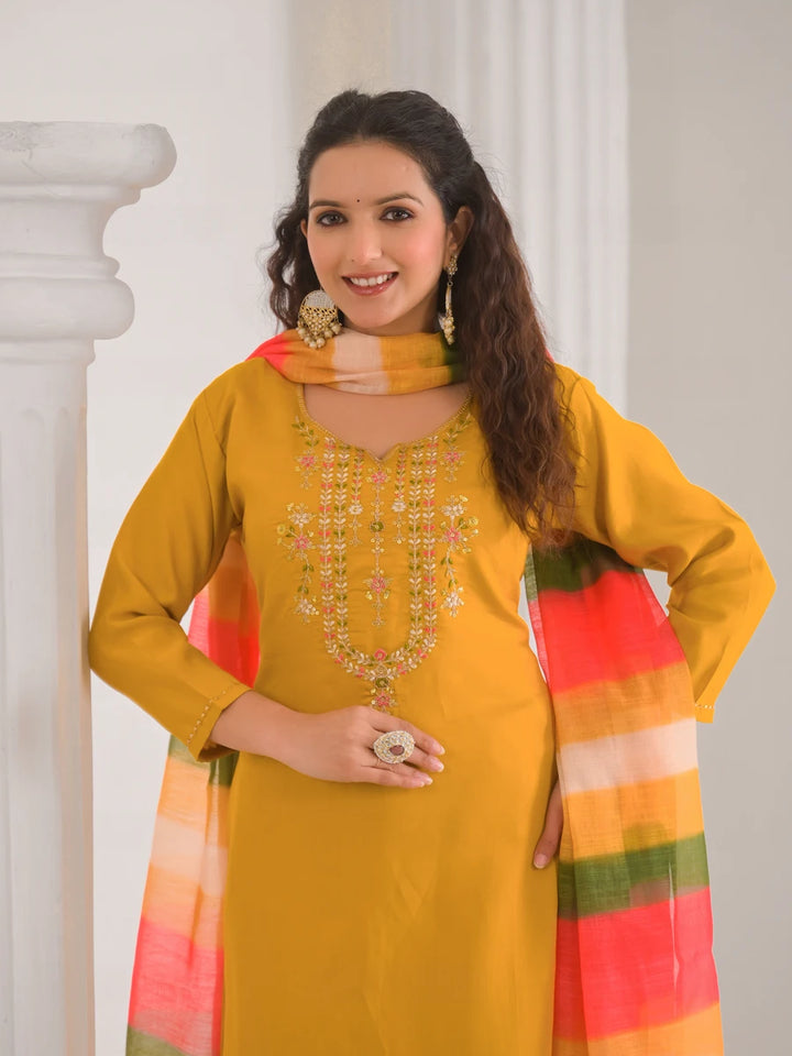 Mustard Designer Salwar Kameez | Viscose Chanderi Embroidery Suit