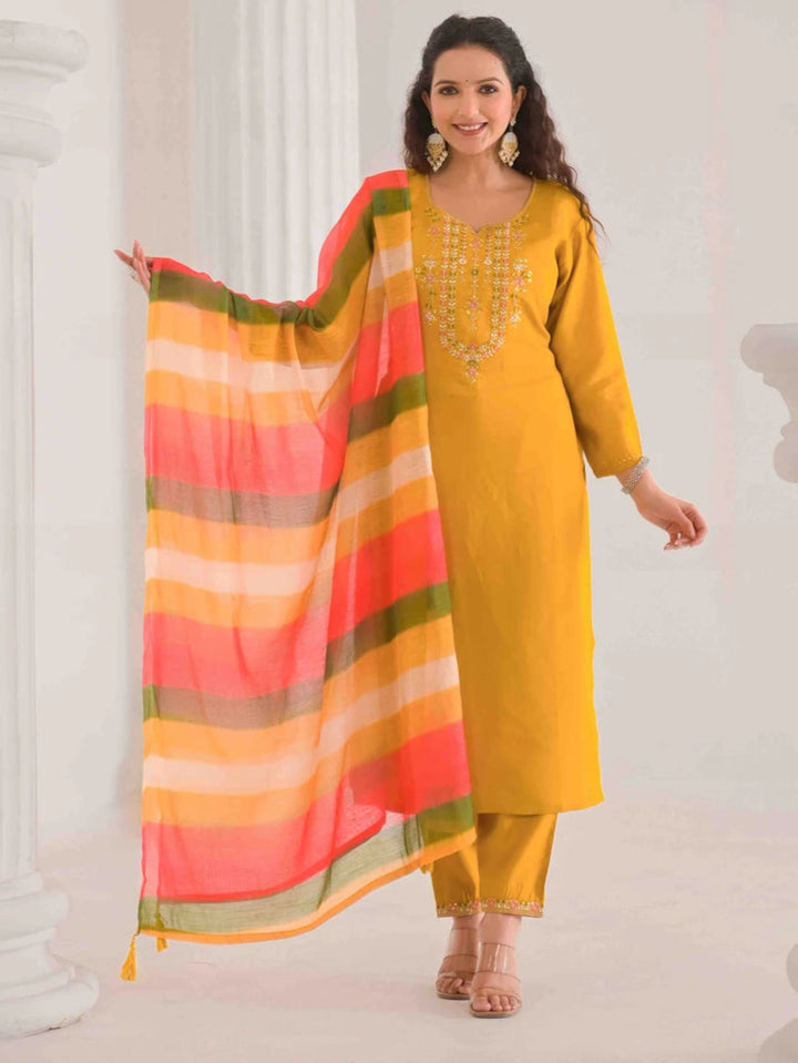 Mustard Designer Salwar Kameez | Viscose Chanderi Embroidery Suit