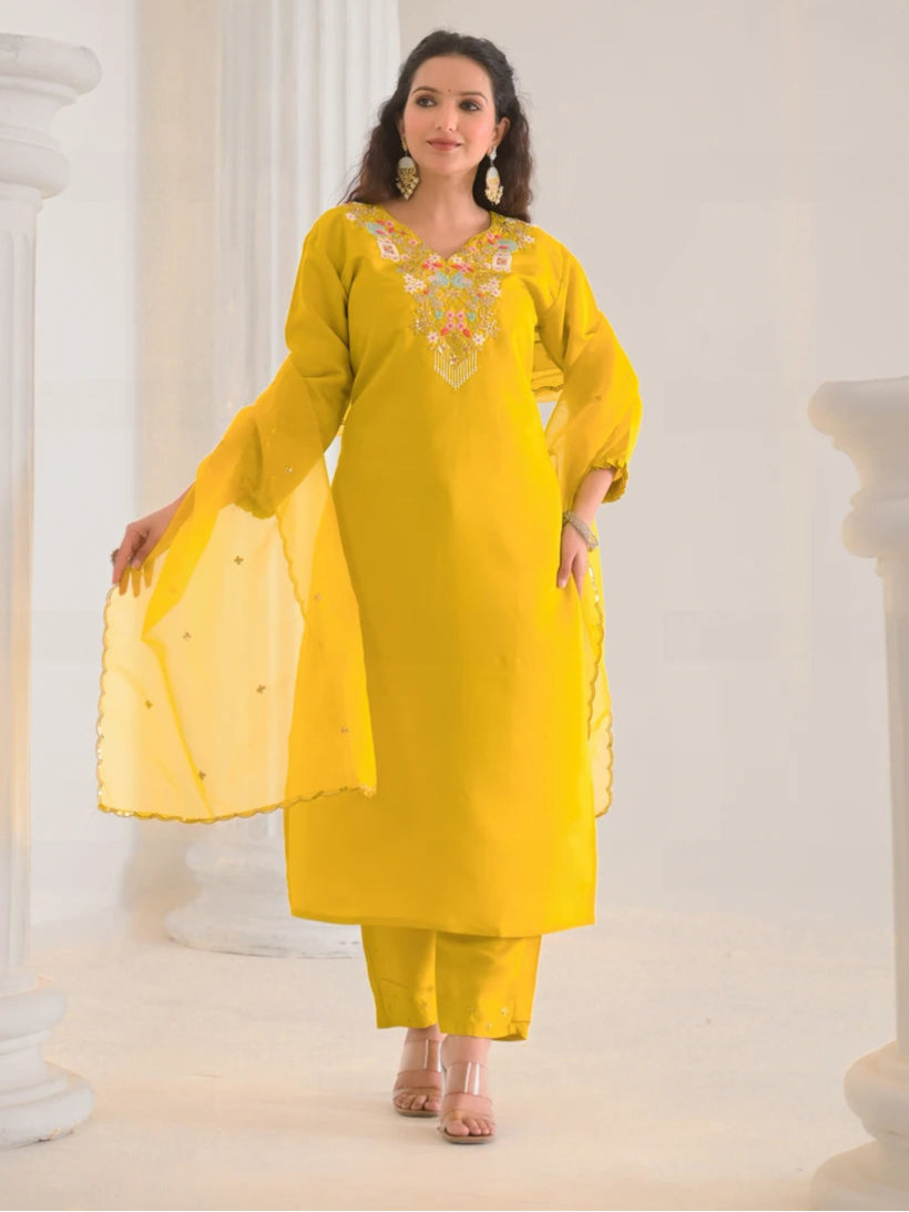 Sophisticated Mustard Viscose Chanderi Suit | Elegant Organza Dupatta Design