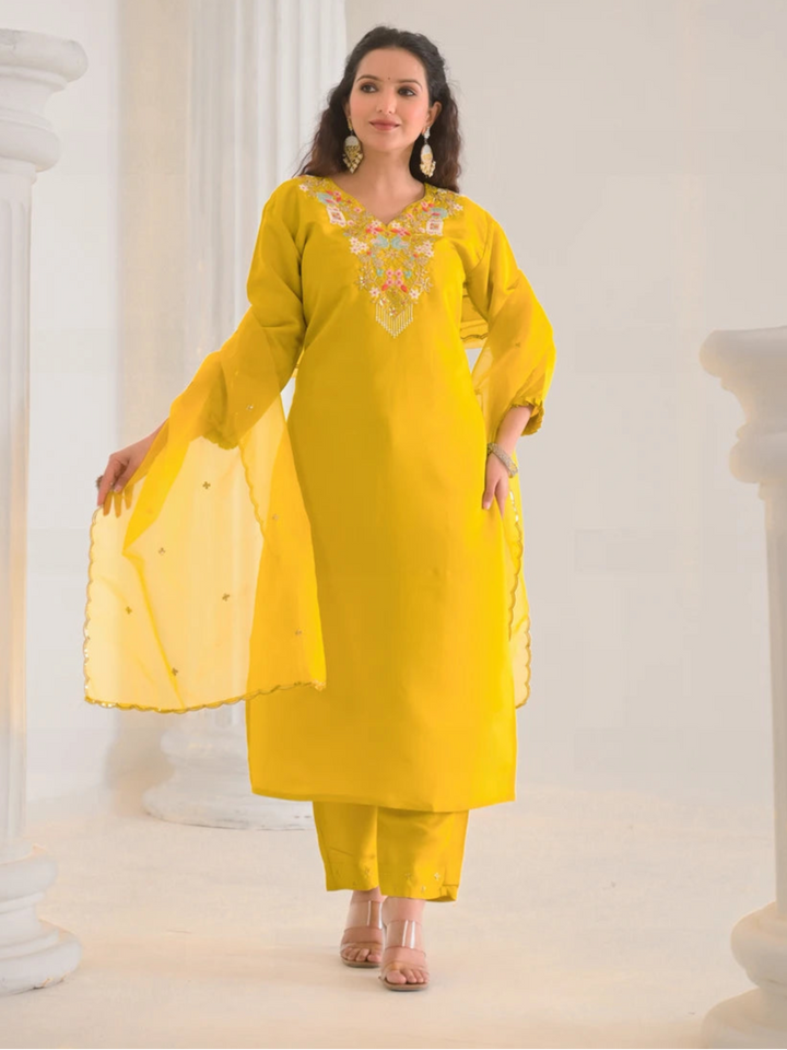 Sophisticated Mustard Viscose Chanderi Suit | Elegant Organza Dupatta Design