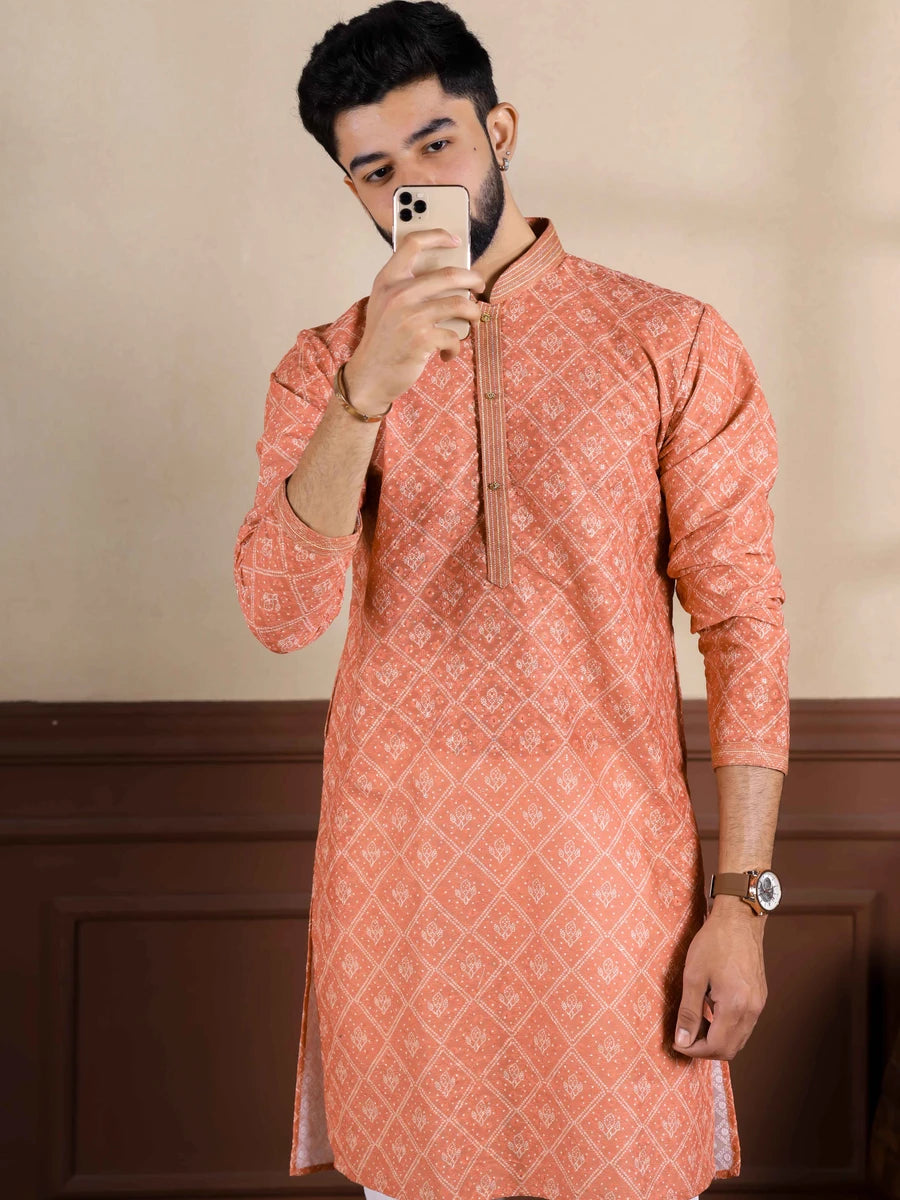 Traditional Light Orange  Cotton Kurta Pajama | Handcrafted Embroidery Work