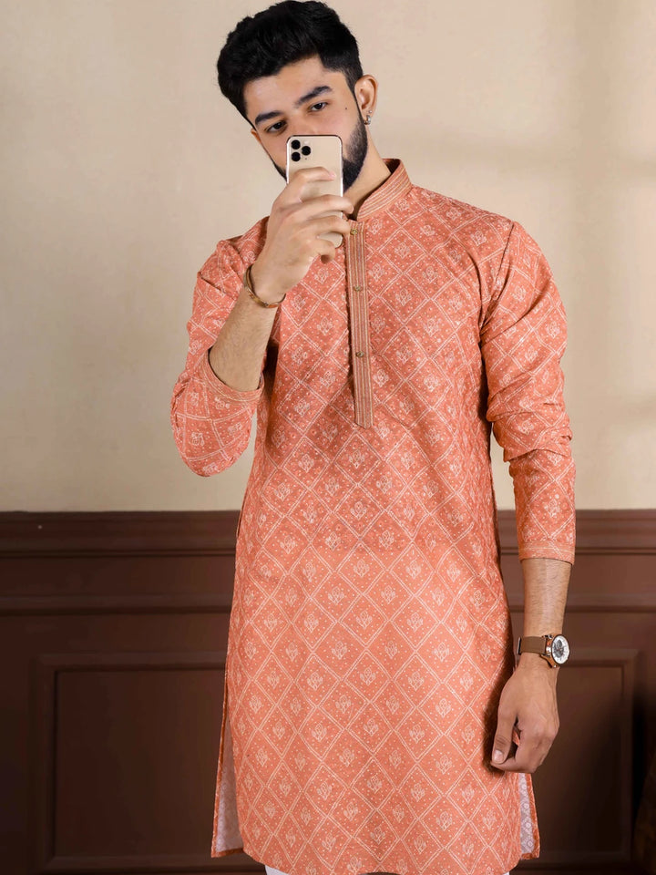Traditional Light Orange  Cotton Kurta Pajama | Handcrafted Embroidery Work