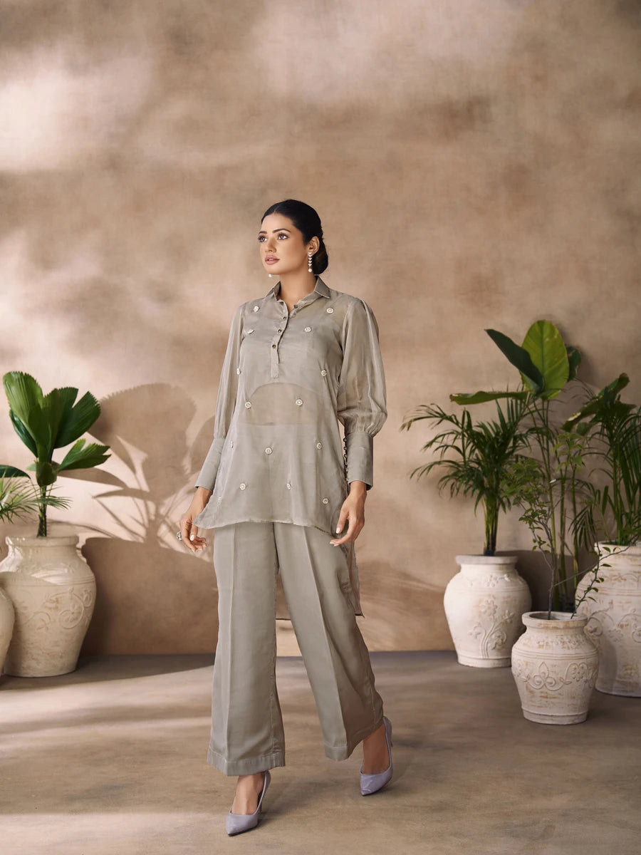 Stylish Organza Co-ord Set | Light Gray with Handcrafted Detailing