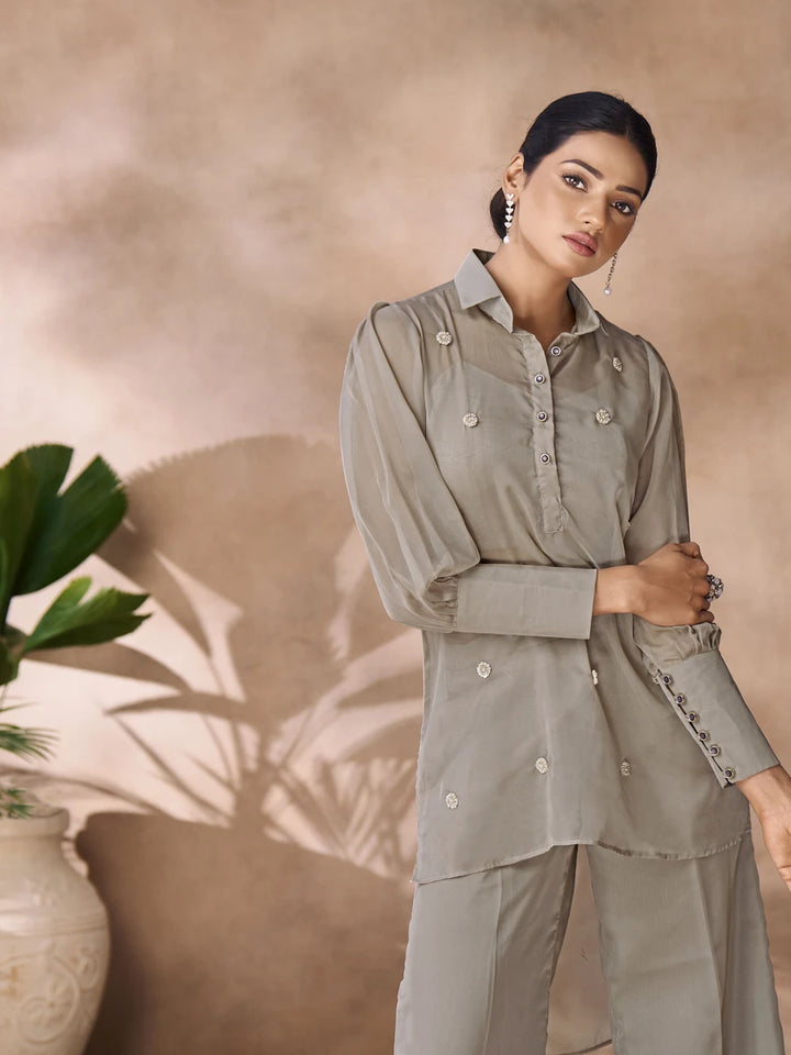 Stylish Organza Co-ord Set | Light Gray with Handcrafted Detailing