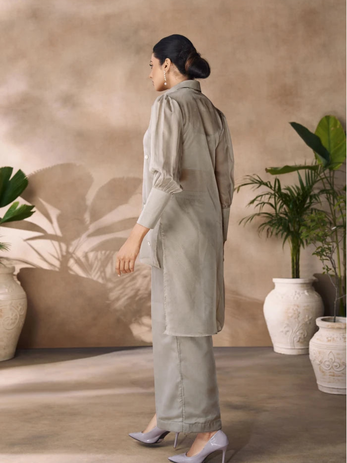 Stylish Organza Co-ord Set | Light Gray with Handcrafted Detailing