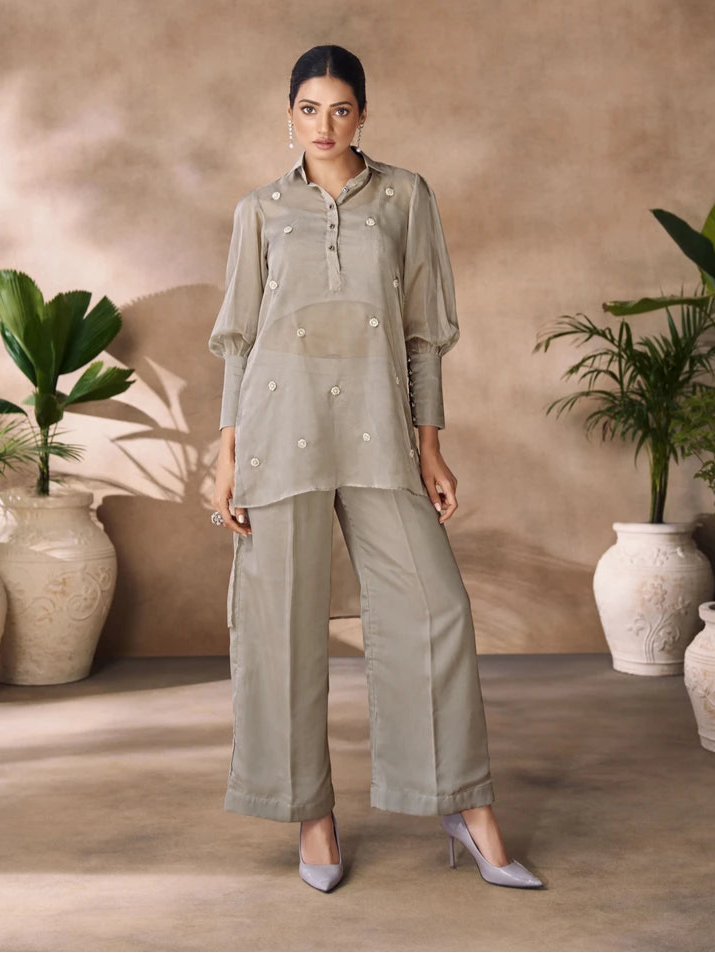 Stylish Organza Co-ord Set | Light Gray with Handcrafted Detailing