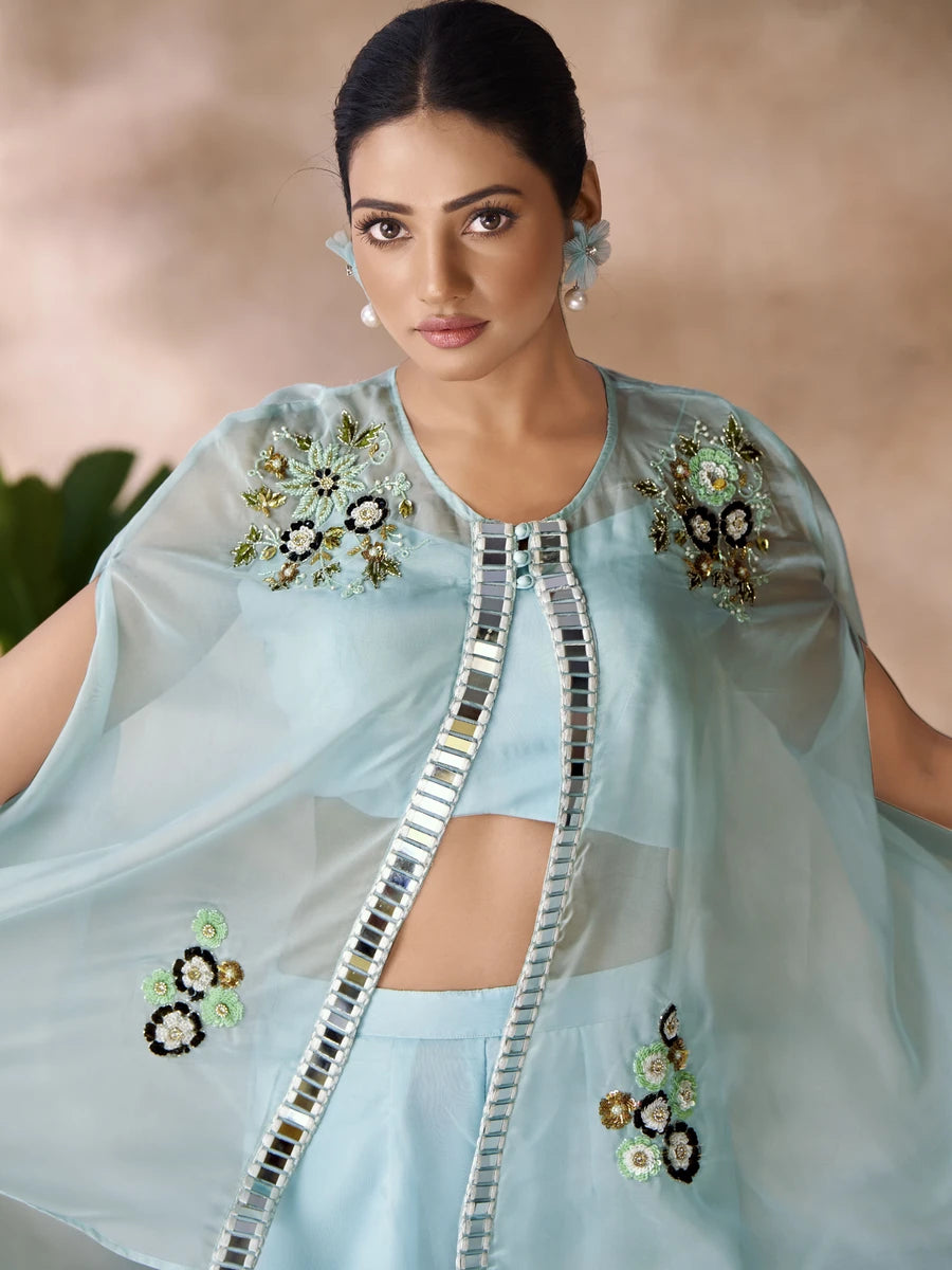 Stylish Sky Blue Organza Set | Graceful Hand Work Outfit