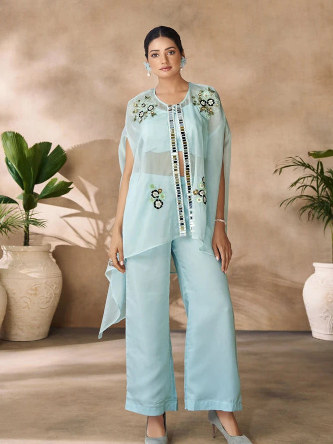 Stylish Sky Blue Organza Set | Graceful Hand Work Outfit