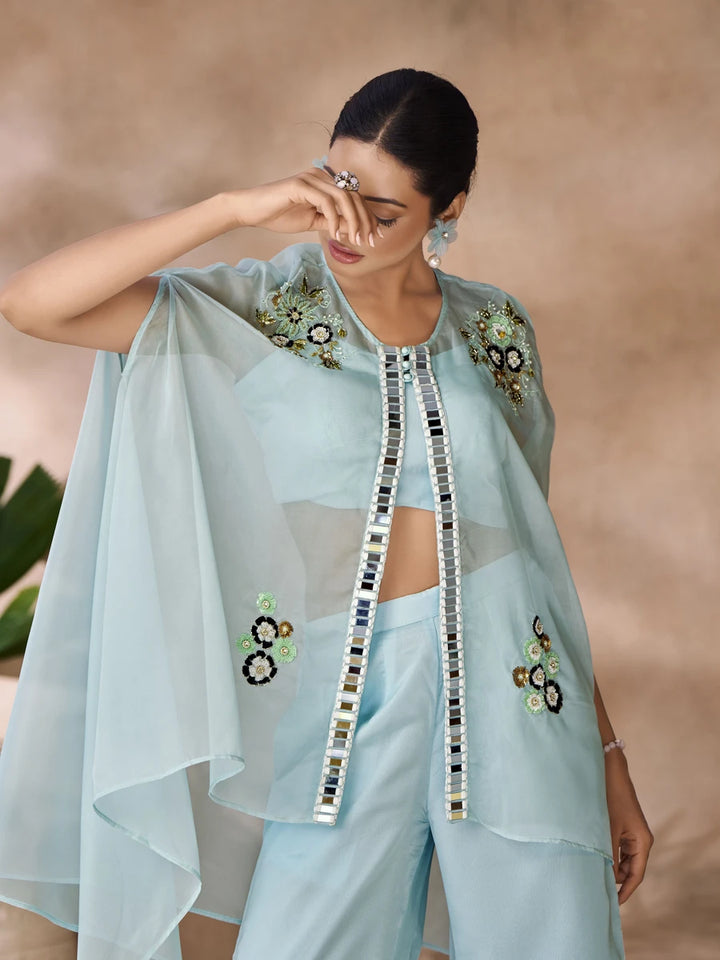 Stylish Sky Blue Organza Set | Graceful Hand Work Outfit