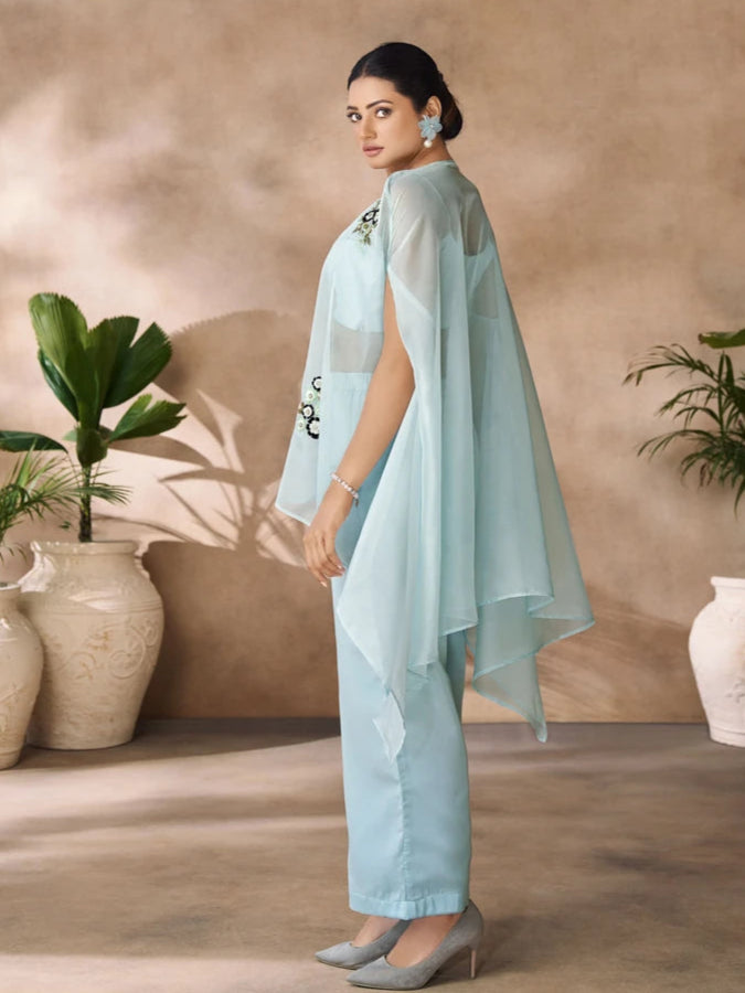 Stylish Sky Blue Organza Set | Graceful Hand Work Outfit