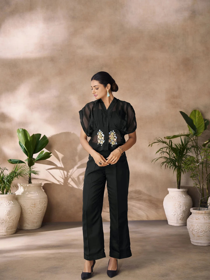 Black Organza Two-Piece | Luxurious Designer Hand Work Suit