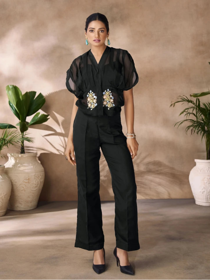 Black Organza Two-Piece | Luxurious Designer Hand Work Suit