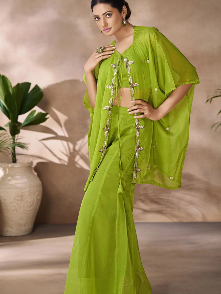Exquisite Parrot Green Organza Co-ord Set | Fashionable Ethnic Wear