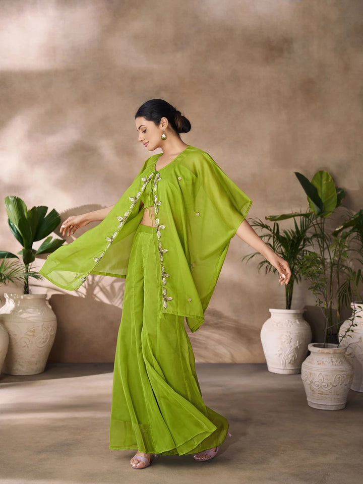 Exquisite Parrot Green Organza Co-ord Set | Fashionable Ethnic Wear