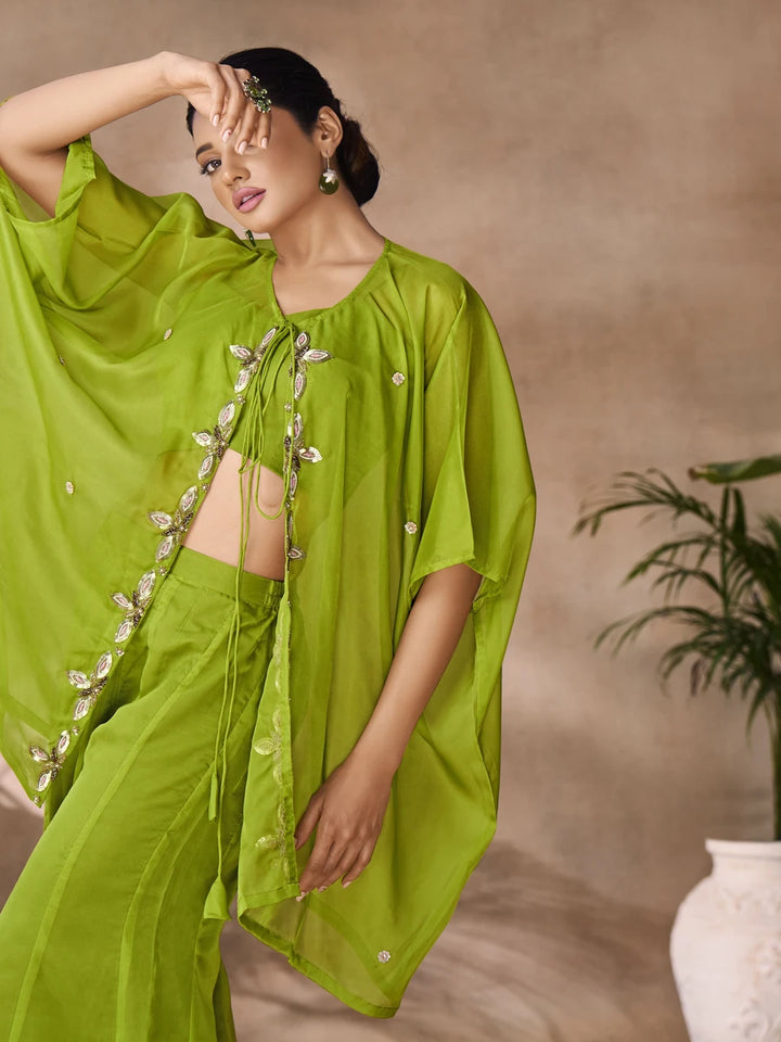 Exquisite Parrot Green Organza Co-ord Set | Fashionable Ethnic Wear