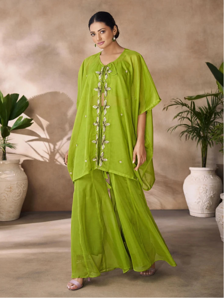 Exquisite Parrot Green Organza Co-ord Set | Fashionable Ethnic Wear