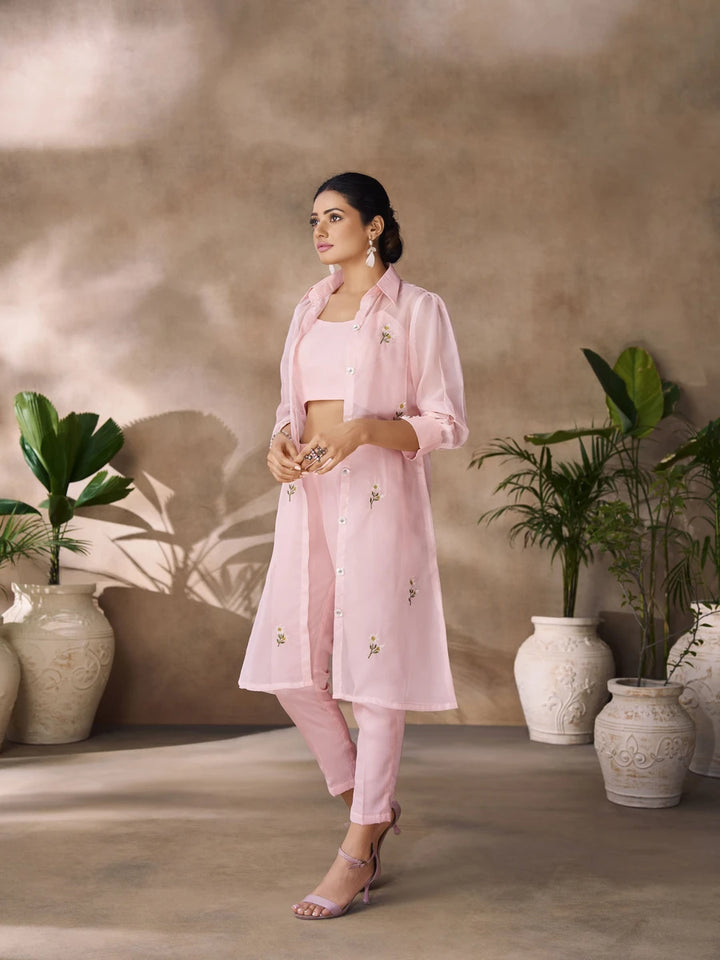 Ethnic Designer Co-ord Set | Light Peach Organza with Hand Work