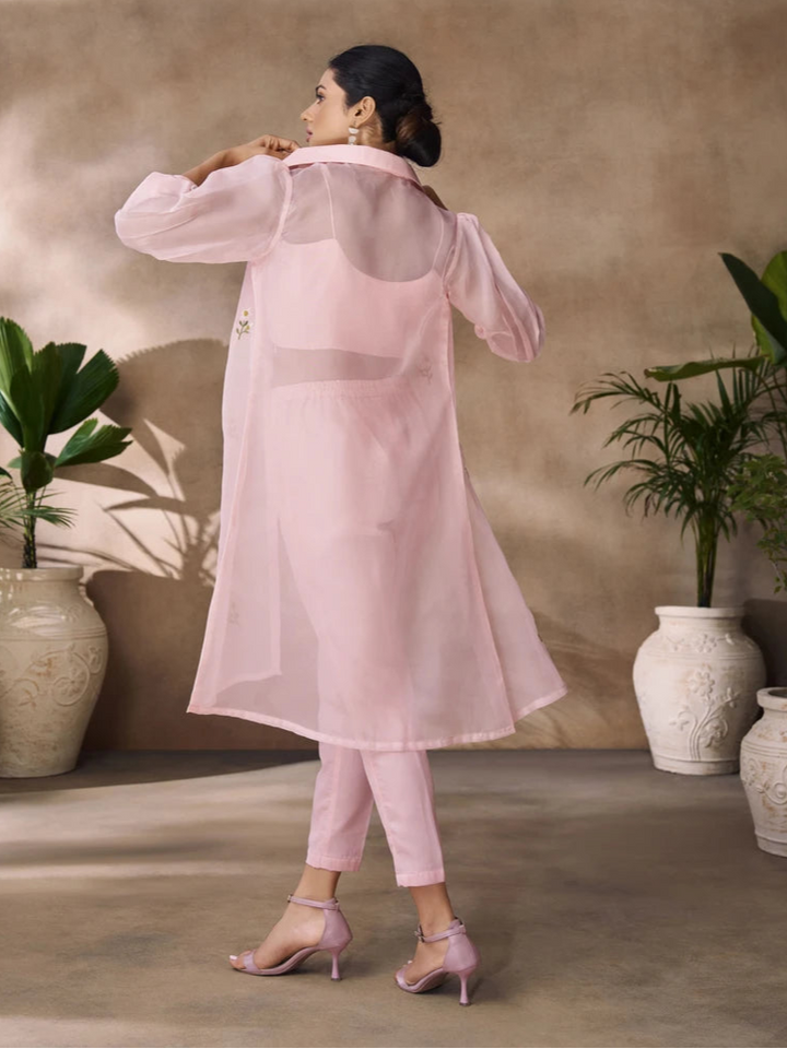 Ethnic Designer Co-ord Set | Light Peach Organza with Hand Work
