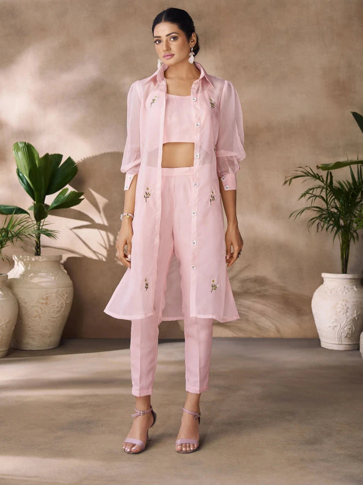 Ethnic Designer Co-ord Set | Light Peach Organza with Hand Work