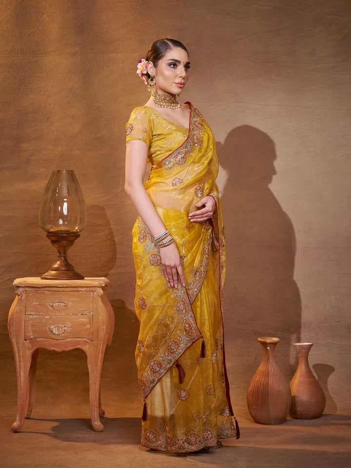 Mustard Yellow Tissue Organza Saree | Designer Embroidery Work for Haldi Wear