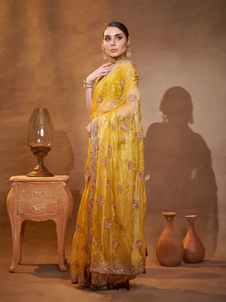 Mustard Yellow Tissue Organza Saree | Designer Embroidery Work for Haldi Wear